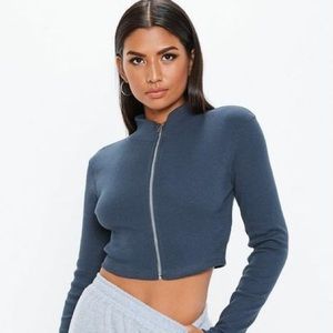 Missguided Blue Ribbed Zip Front High Neck Top